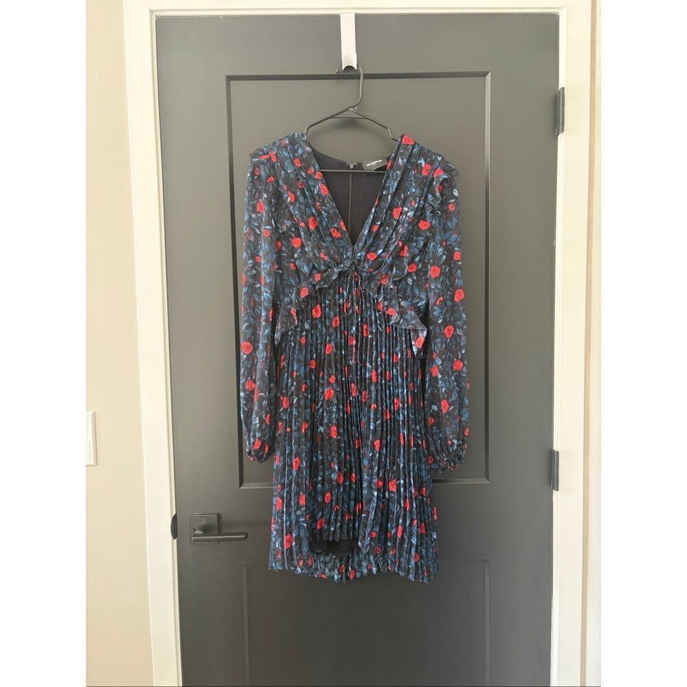 NWT The Kooples Poison Roses Pleated Floral Mini Long Sleeve Dress Size 3 Large
